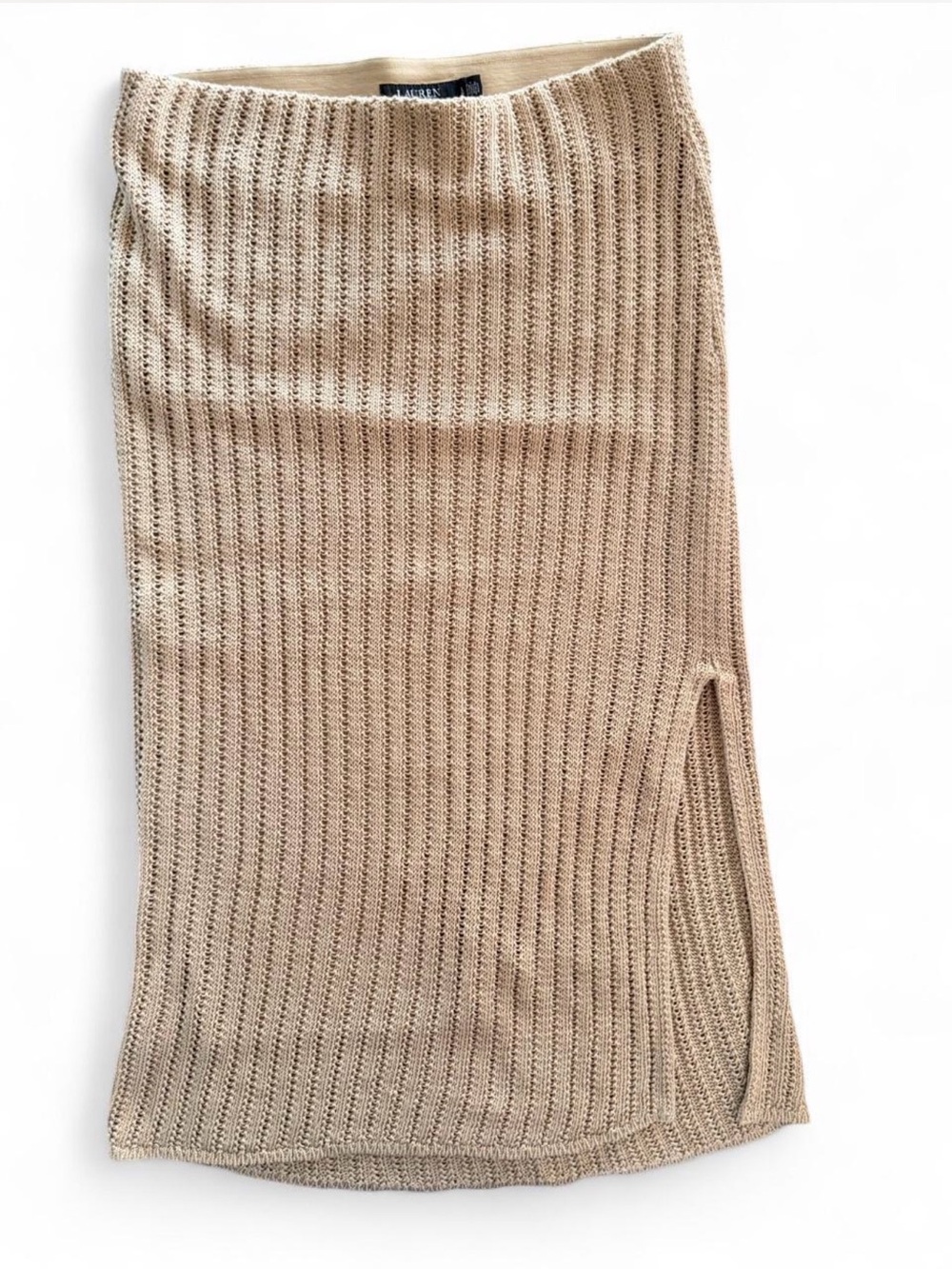 Lauren by Ralph Lauren Knit Ribbed Beige Maxi Skirt with Side Slit